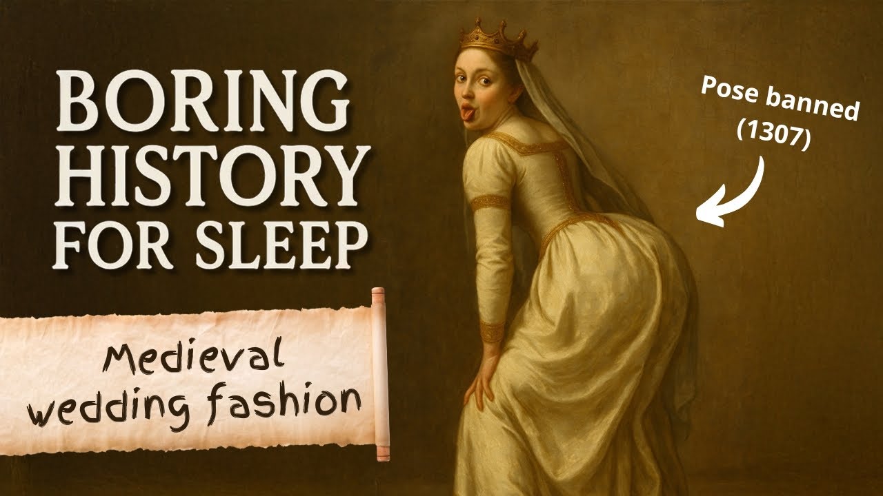Humorous digital artwork of a medieval queen in an exaggerated pose sticking out her tongue and turning back over her shoulder, wearing a gold-trimmed gown and crown, with bold text reading 'Boring History for Sleep: Medieval Wedding Fashion' and a playful caption pointing to her posture saying 'Pose banned (1307)'
